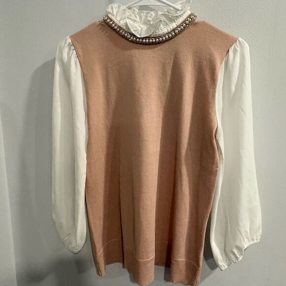 Cable & Gauge Sweaters - Cable & Gauge Pink and White Cowl Neck Sweater